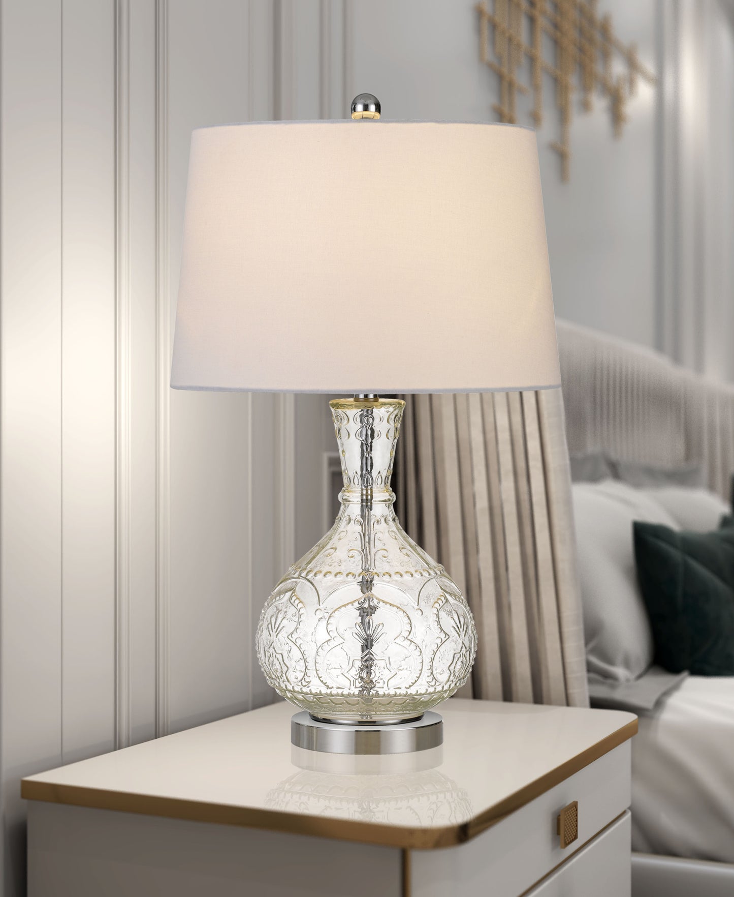 27" Clear Metal Round Table Lamp With White Shade