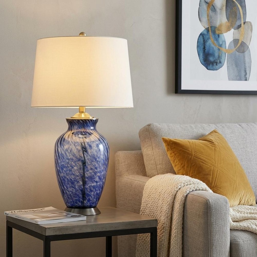 28" Blue Swirl Glass Table Lamp With White Empire Shade