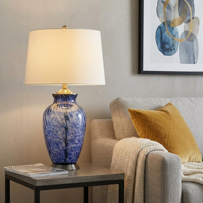 28" Blue Swirl Glass Table Lamp With White Empire Shade