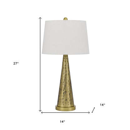 27" Antiqued Brass Metal Geometric Table Lamp With White Empire Shade