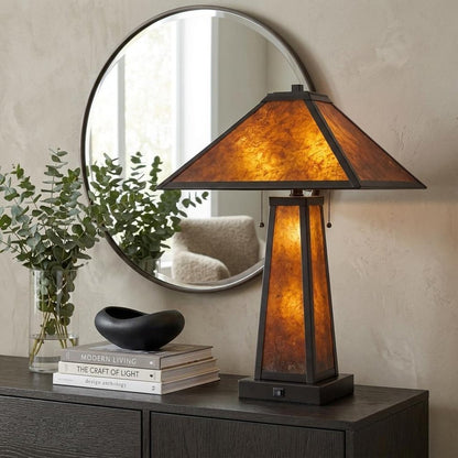 24" Burnt Orange Metal Two Light Table Lamp With Amber Square Shade
