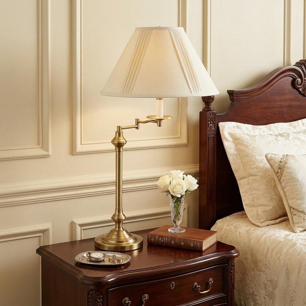 30" Bronze Metal Swing Arm Table Lamp With Off White Empire Shade