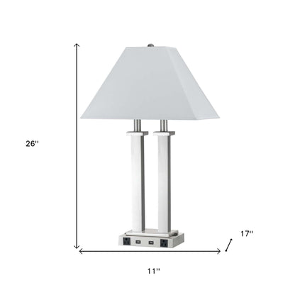 26" Nickel Metal Two Light Desk USB Table Lamp With White Novelty Shade