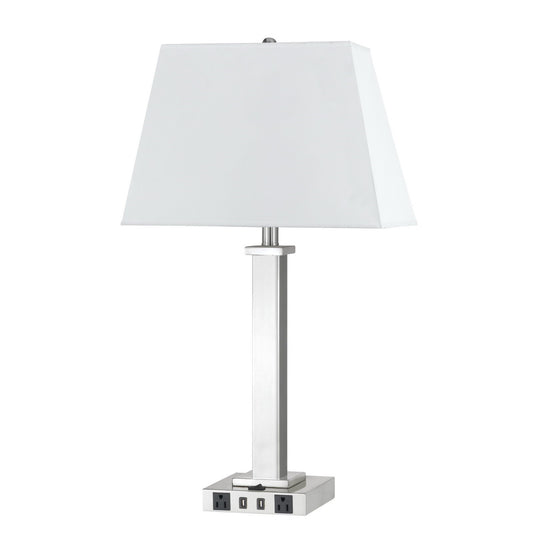 28" Nickel Metal USB Table Lamp With White Shade