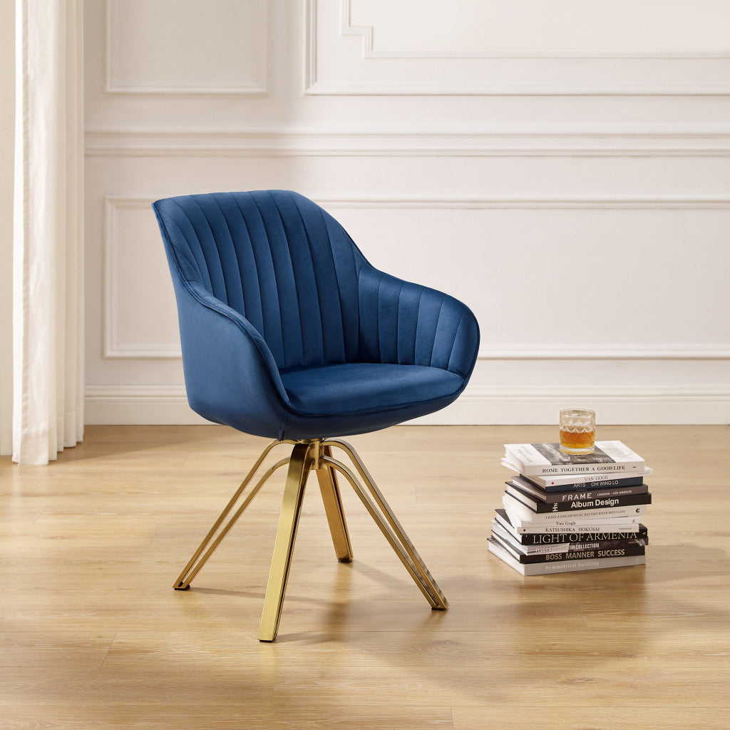 23" Blue And Gold Velvet Swivel Arm Chair