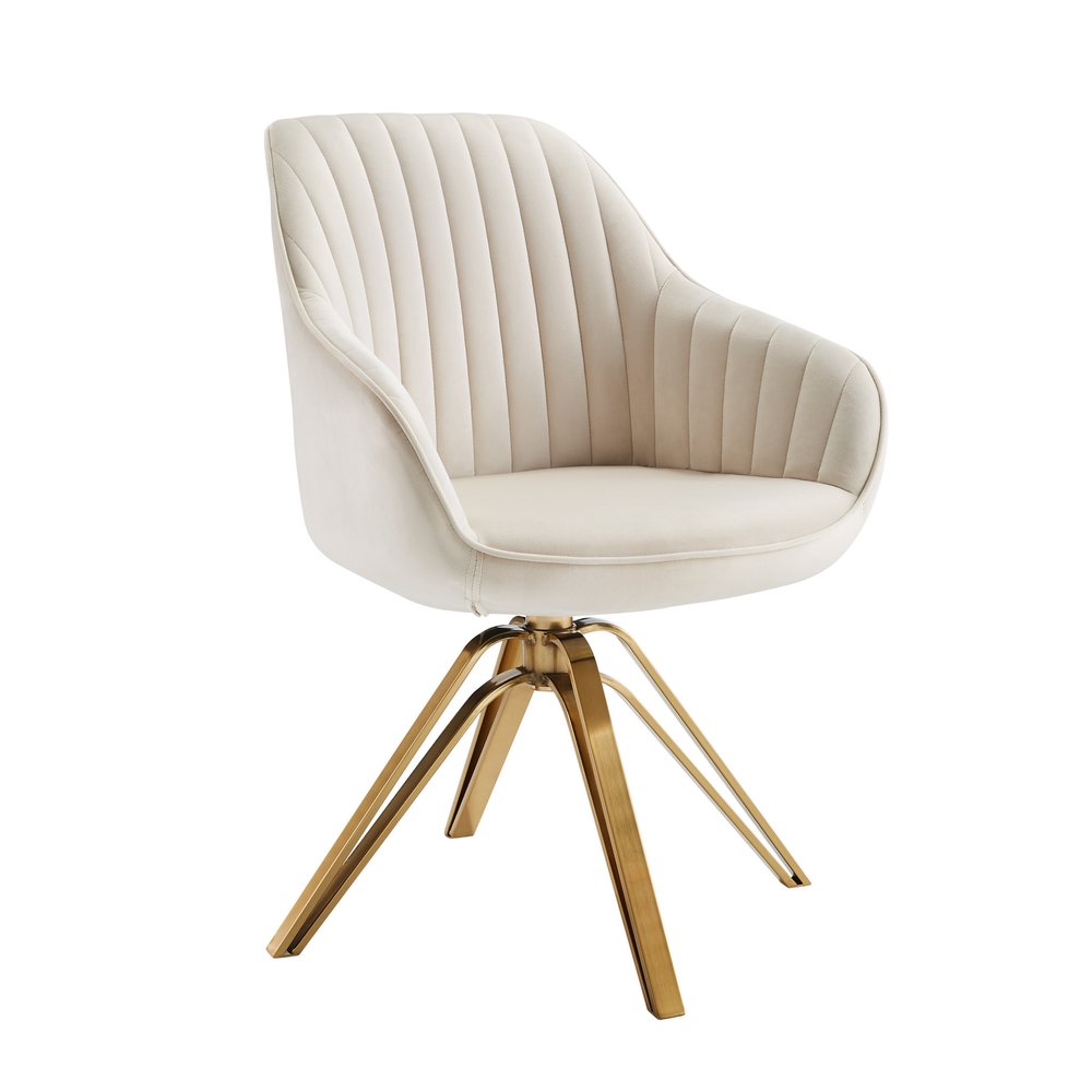 23" Off White And Gold Velvet Swivel Arm Chair