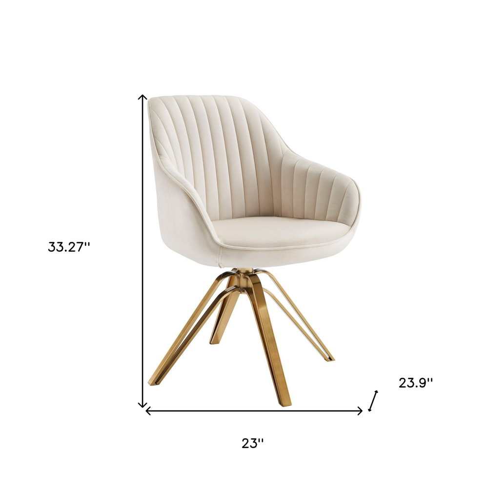 23" Off White And Gold Velvet Swivel Arm Chair
