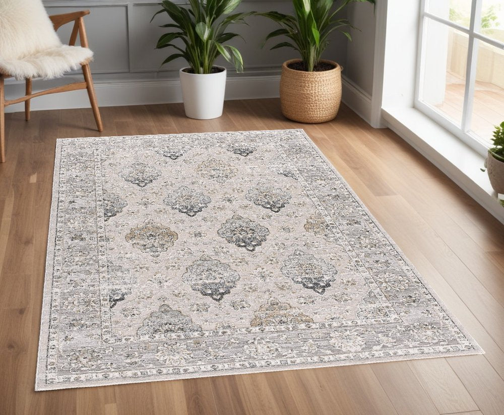 4' X 6' Gray And Ivory Oriental Washable Area Rug