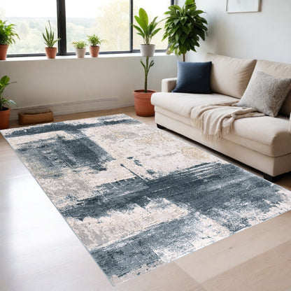 4' X 6' Blue And Beige Abstract Washable Non Skid Area Rug