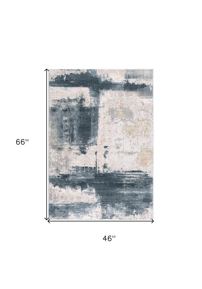 4' X 6' Blue And Beige Abstract Washable Area Rug