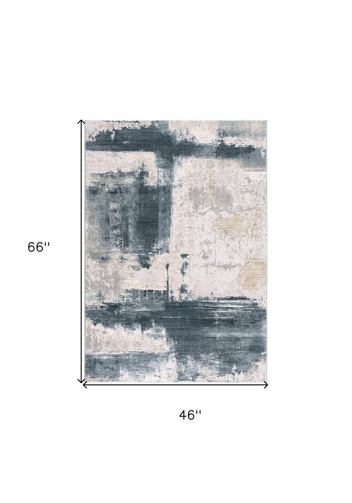 4' X 6' Blue And Beige Abstract Washable Area Rug