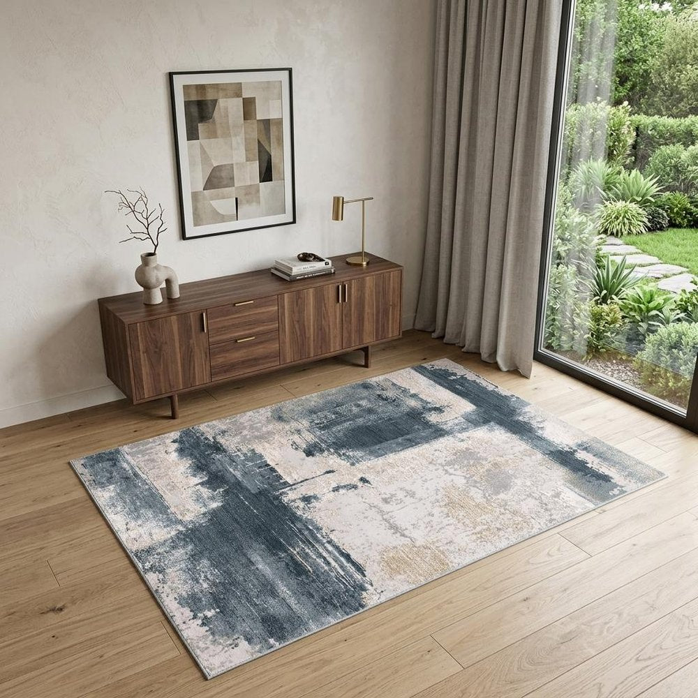 4' X 6' Blue And Beige Abstract Washable Area Rug