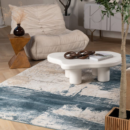4' X 6' Blue And Beige Abstract Washable Non Skid Area Rug