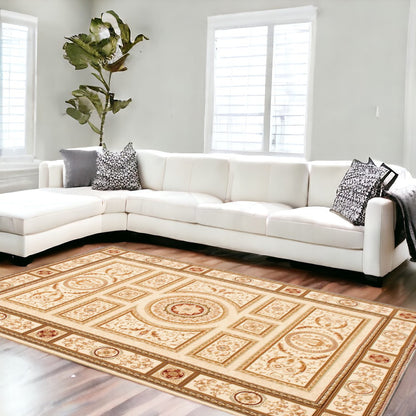 10' X 13' Beige and Ivory Oriental Washable Non Skid Area Rug