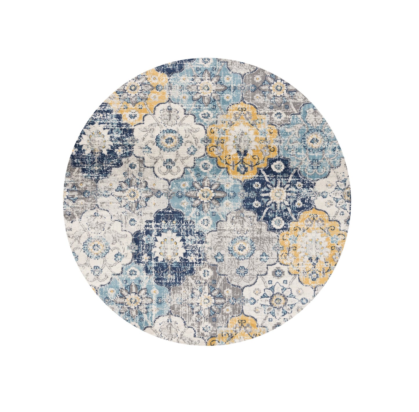 5' Blue and Gray Round Geometric Washable Non Skid Area Rug