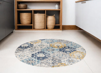 5' Blue and Gray Round Geometric Washable Non Skid Area Rug