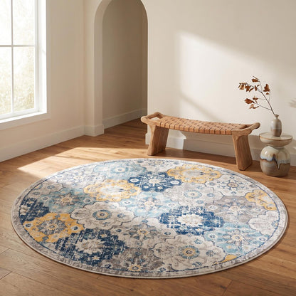 5' Blue and Gray Round Geometric Washable Non Skid Area Rug