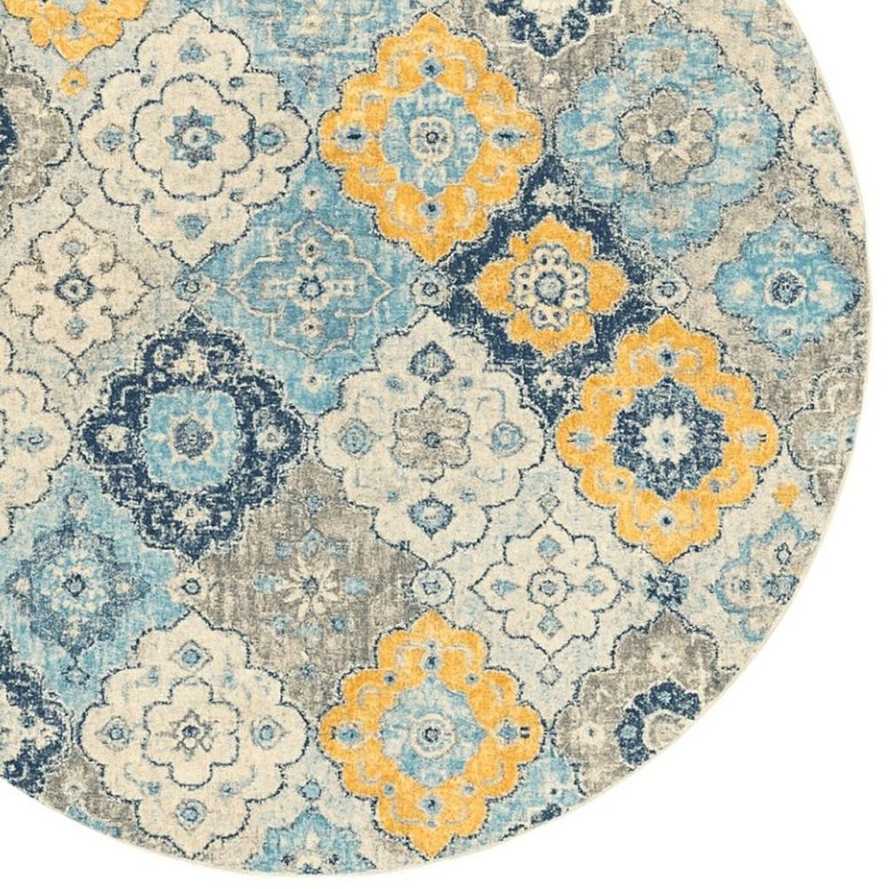 5' Blue and Gray Round Geometric Washable Non Skid Area Rug
