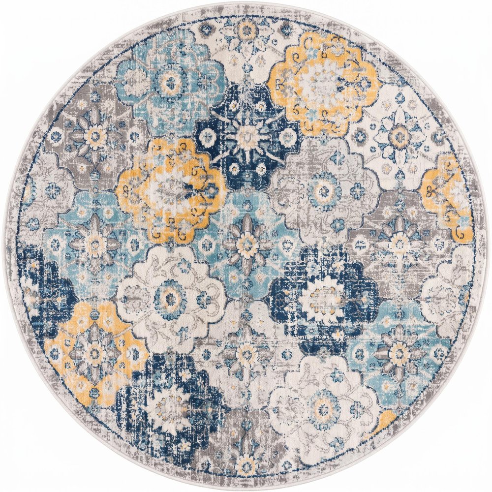 5' Blue and Gray Round Geometric Washable Non Skid Area Rug