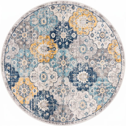 5' Blue and Gray Round Geometric Washable Non Skid Area Rug