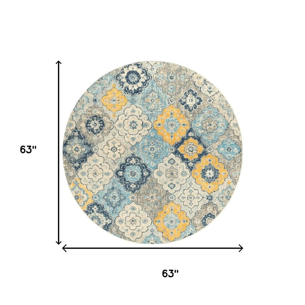5' Blue and Gray Round Geometric Washable Non Skid Area Rug