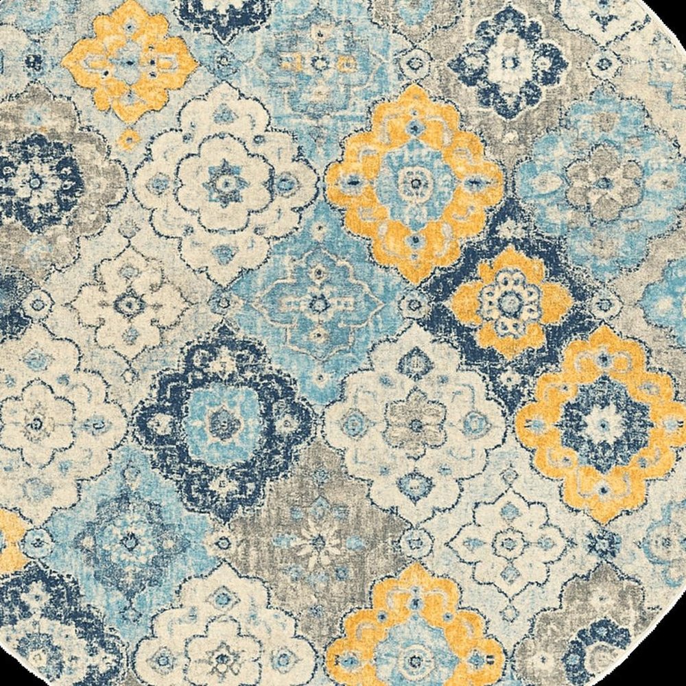 5' Blue and Gray Round Geometric Washable Non Skid Area Rug