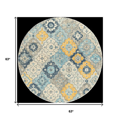5' Blue and Gray Round Geometric Washable Non Skid Area Rug