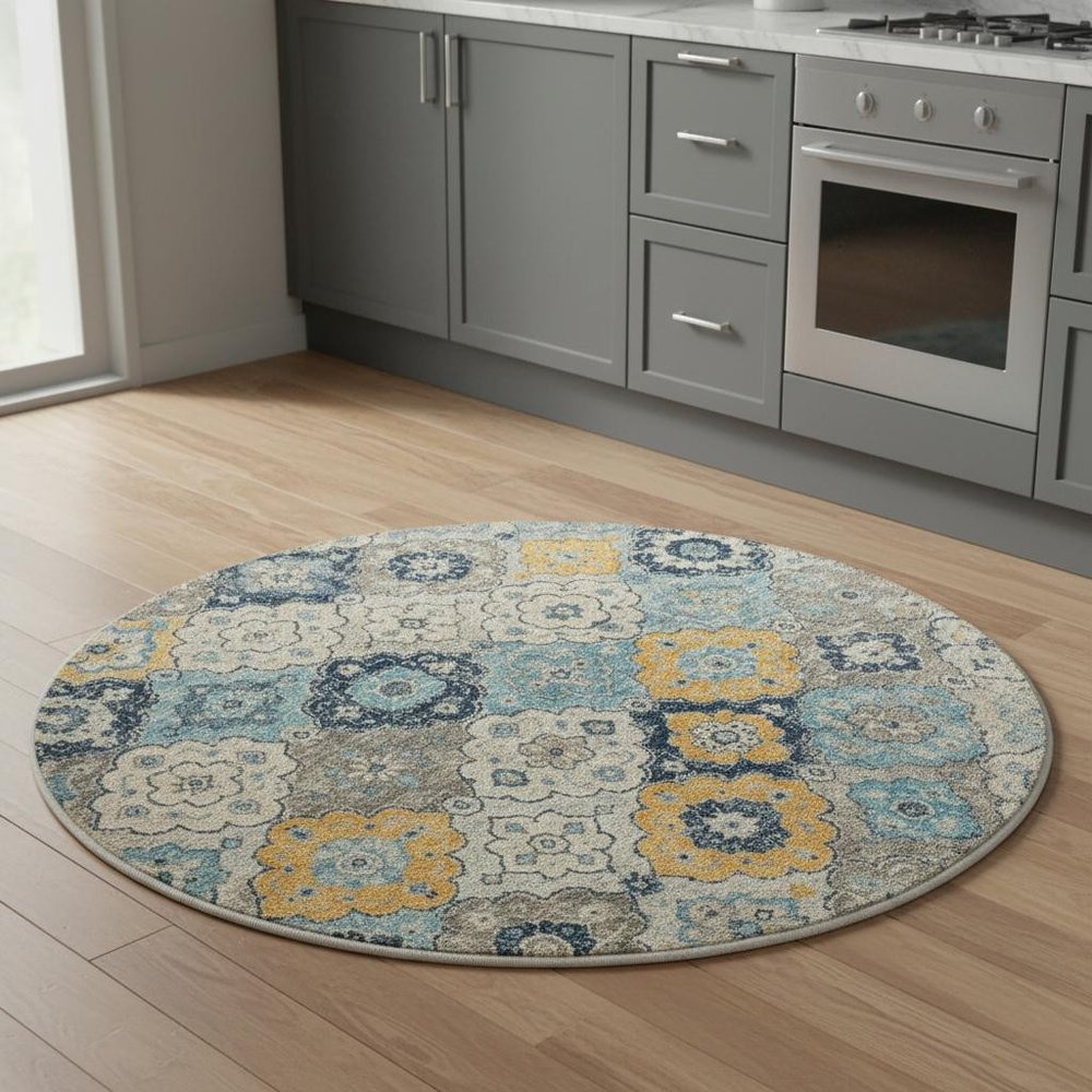 5' Blue and Gray Round Geometric Washable Non Skid Area Rug