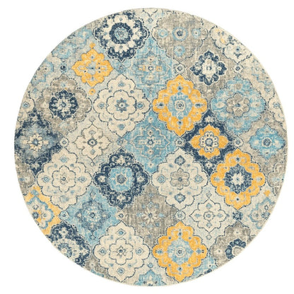 5' Blue and Gray Round Geometric Washable Non Skid Area Rug