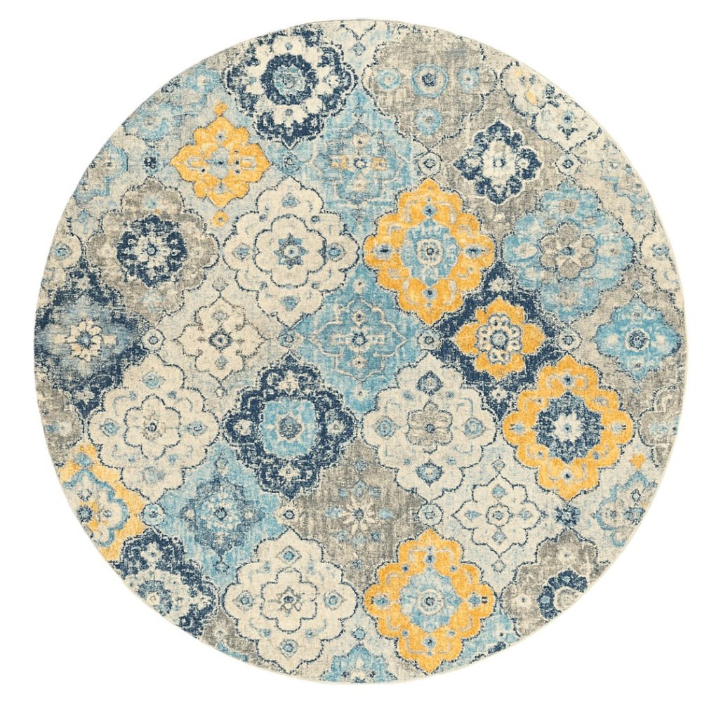 5' Blue and Gray Round Geometric Washable Non Skid Area Rug