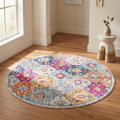5' Gray Beige and Blue Geometric Distressed Round Rug