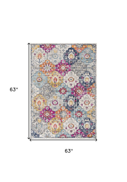 5' Gray Beige and Blue Geometric Distressed Round Rug