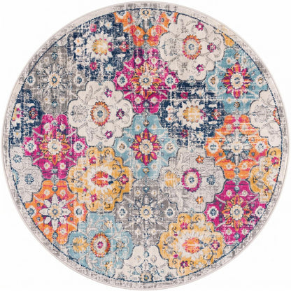 5' Gray Beige and Blue Geometric Distressed Round Rug