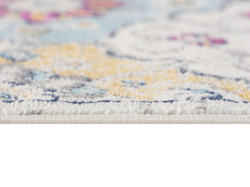 5' Gray Beige and Blue Geometric Distressed Round Rug