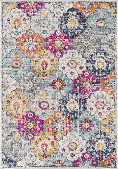 5' Gray Beige and Blue Geometric Distressed Round Rug