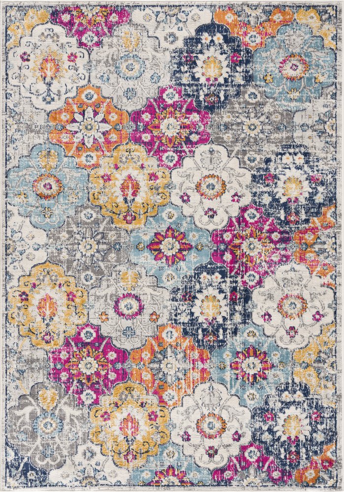 5' Gray Beige and Blue Geometric Distressed Round Rug