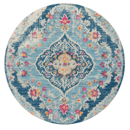 5' Blue and Gray Oriental Distressed Round Rug
