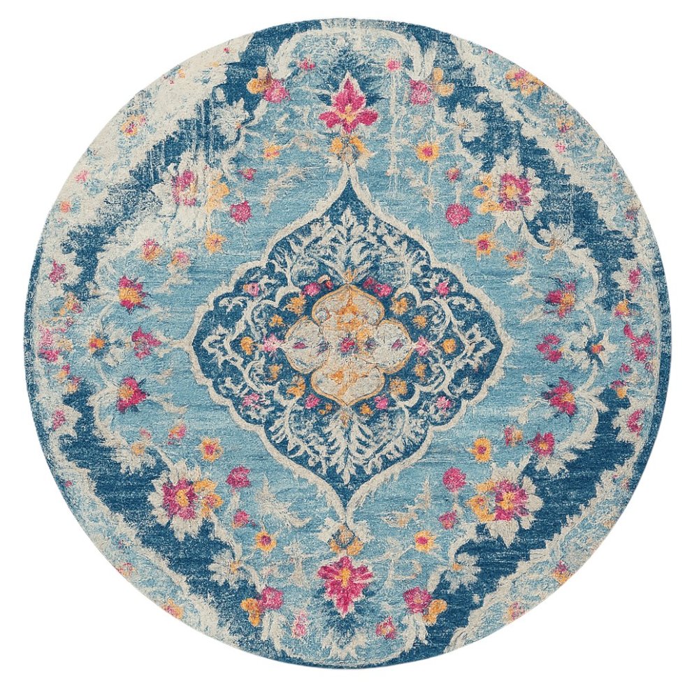 5' Blue and Gray Oriental Distressed Round Rug