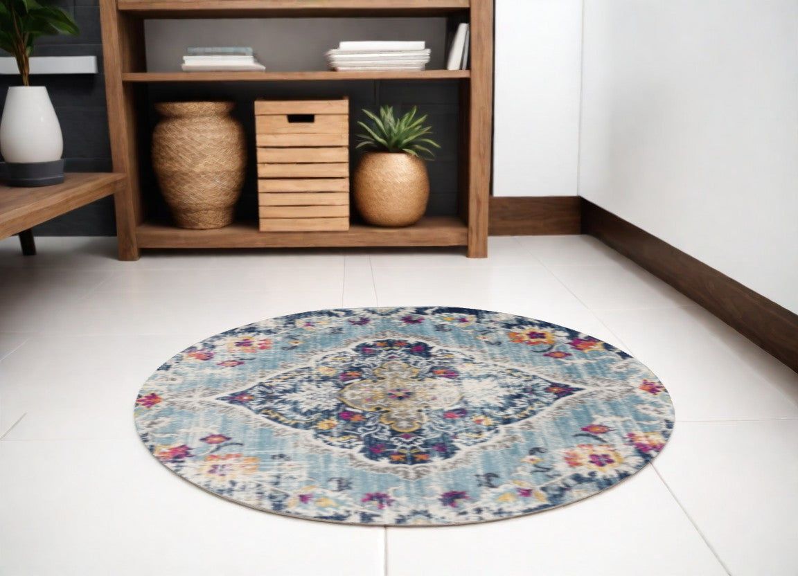 5' Blue and Gray Oriental Distressed Round Rug