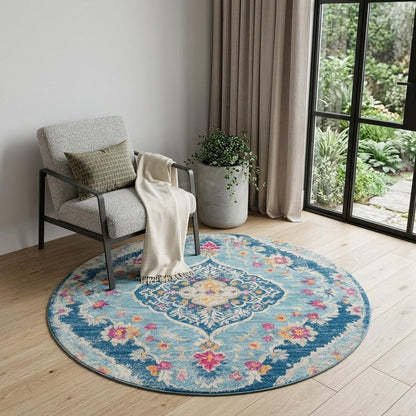 5' Blue and Gray Oriental Distressed Round Rug