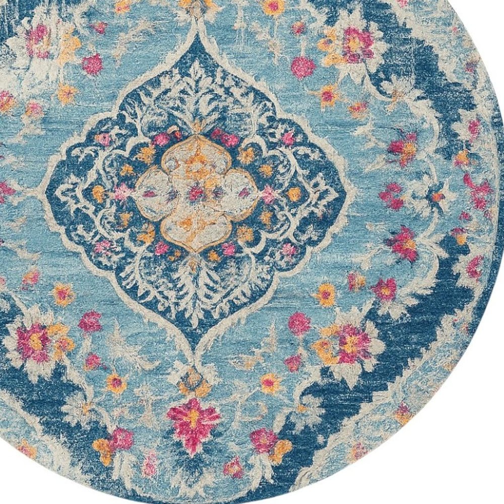 5' Blue and Gray Oriental Distressed Round Rug