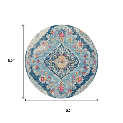 5' Blue and Gray Oriental Distressed Round Rug