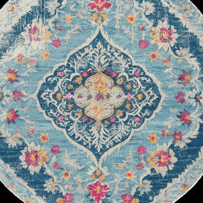 5' Blue and Gray Oriental Distressed Round Rug