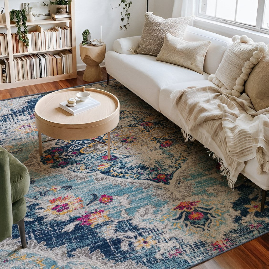 5' Blue and Gray Oriental Distressed Round Rug