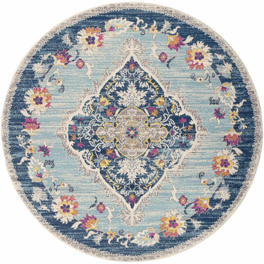 8' Blue And Beige Round Oriental Washable Non Skid Area Rug