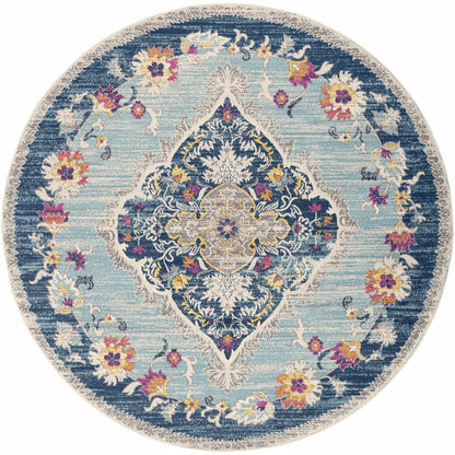 8' Blue And Beige Round Oriental Washable Non Skid Area Rug