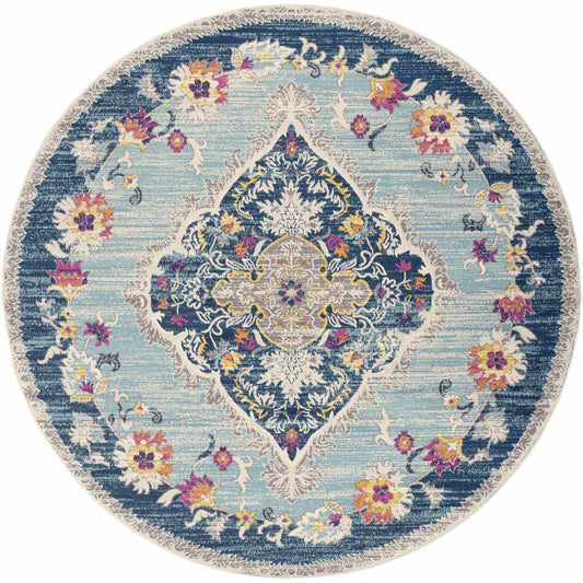 8' Blue And Beige Round Oriental Washable Non Skid Area Rug