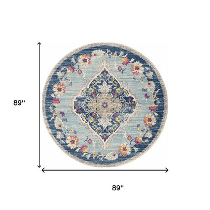 8' Blue And Beige Round Oriental Washable Non Skid Area Rug