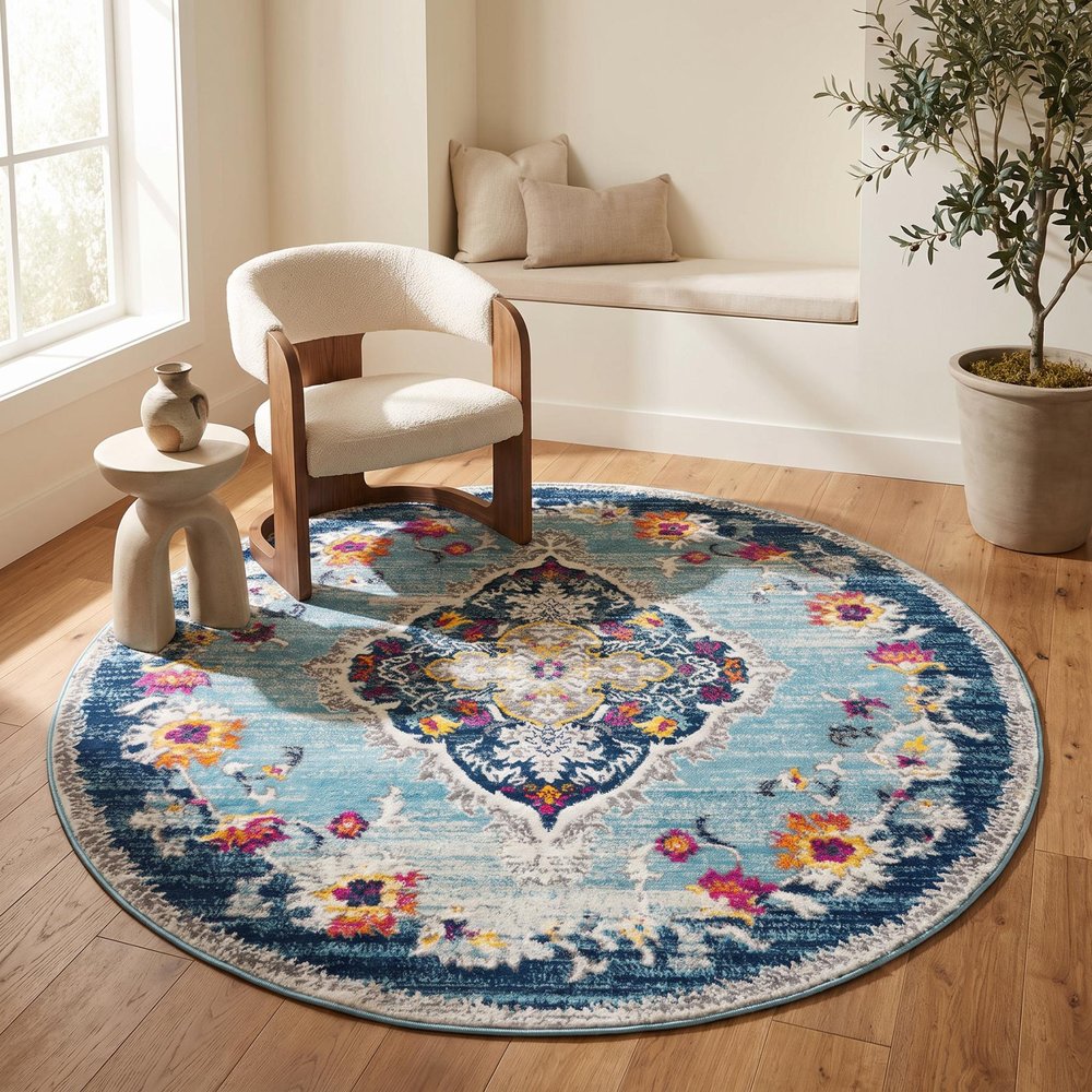 8' Blue And Beige Round Oriental Washable Non Skid Area Rug