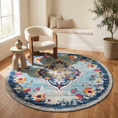 8' Blue And Beige Round Oriental Washable Non Skid Area Rug